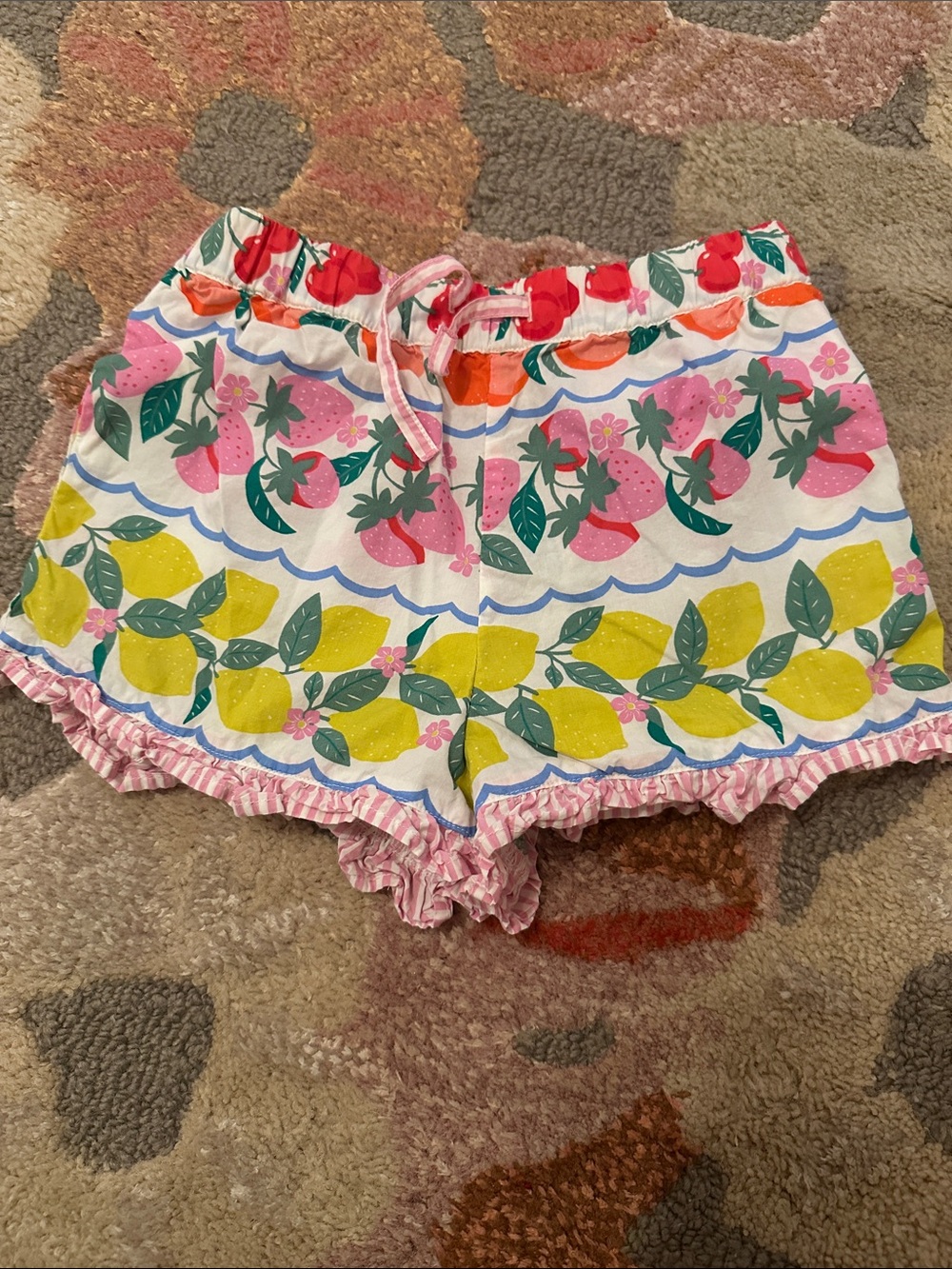 Mini Boden Fruit-Print Ruffle Shorts - Pink, Yellow, Green